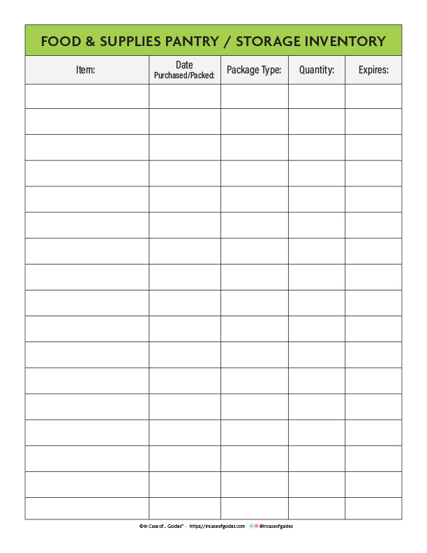 In Case of Emergency Preparedness Guides & Checklists Freebie Food Pantry Storage Inventory Sheet PDF