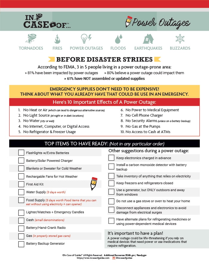 In Case of Emergency Preparedness Guides & Checklists Freebie for Preparing for Power Outages PDF