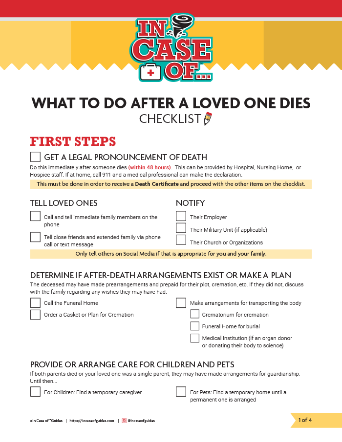 In Case of Emergency Preparedness Guides & Checklists Freebie What to do when someone dies checklist PDF